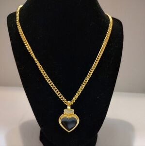 Vintage Kenneth J. Lane, KJL, Black Enamel Heart Pendant Chain Necklace